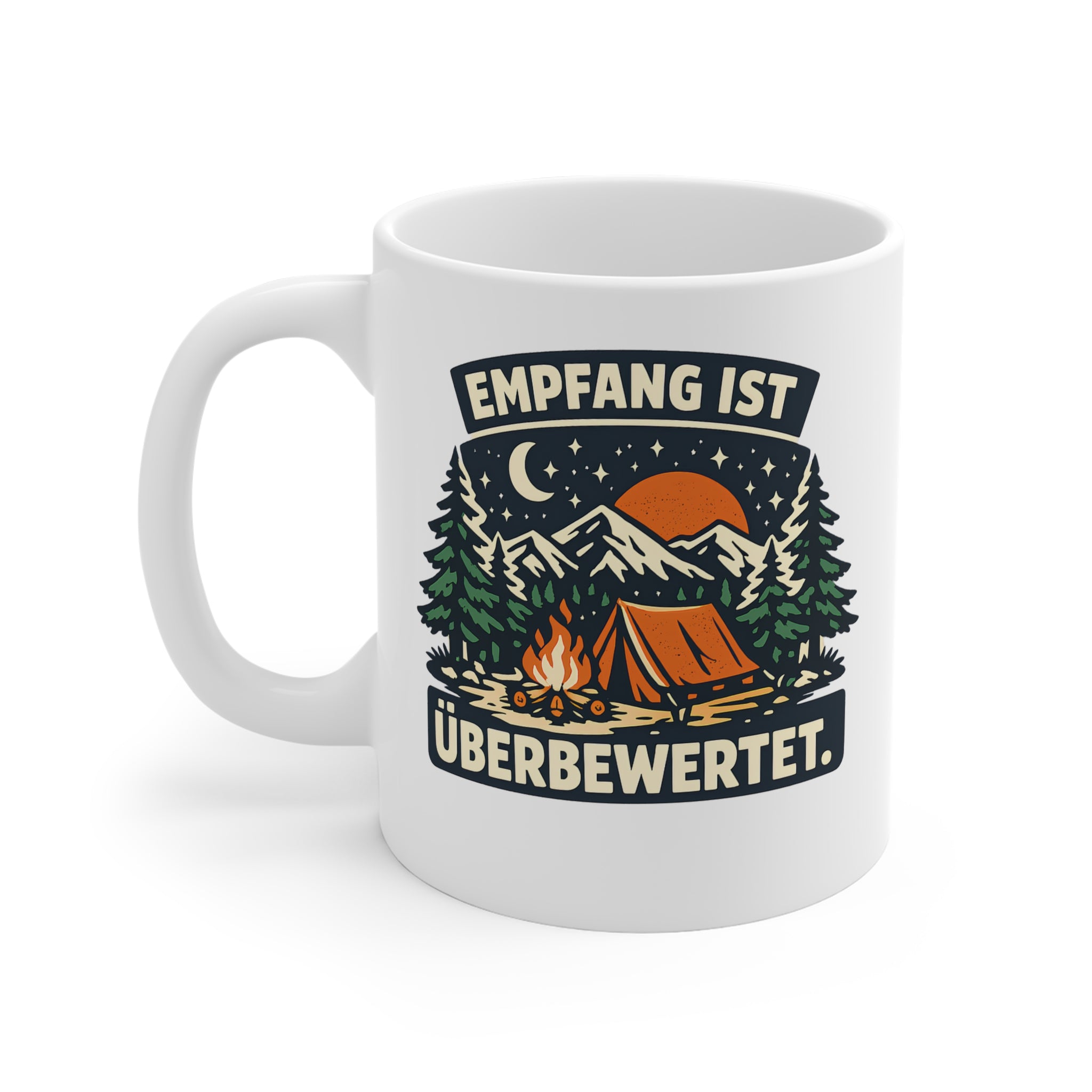 Weiße 11oz Camping-Tasse „Empfang ist überbewertet“ – Vorderansicht, Henkel links