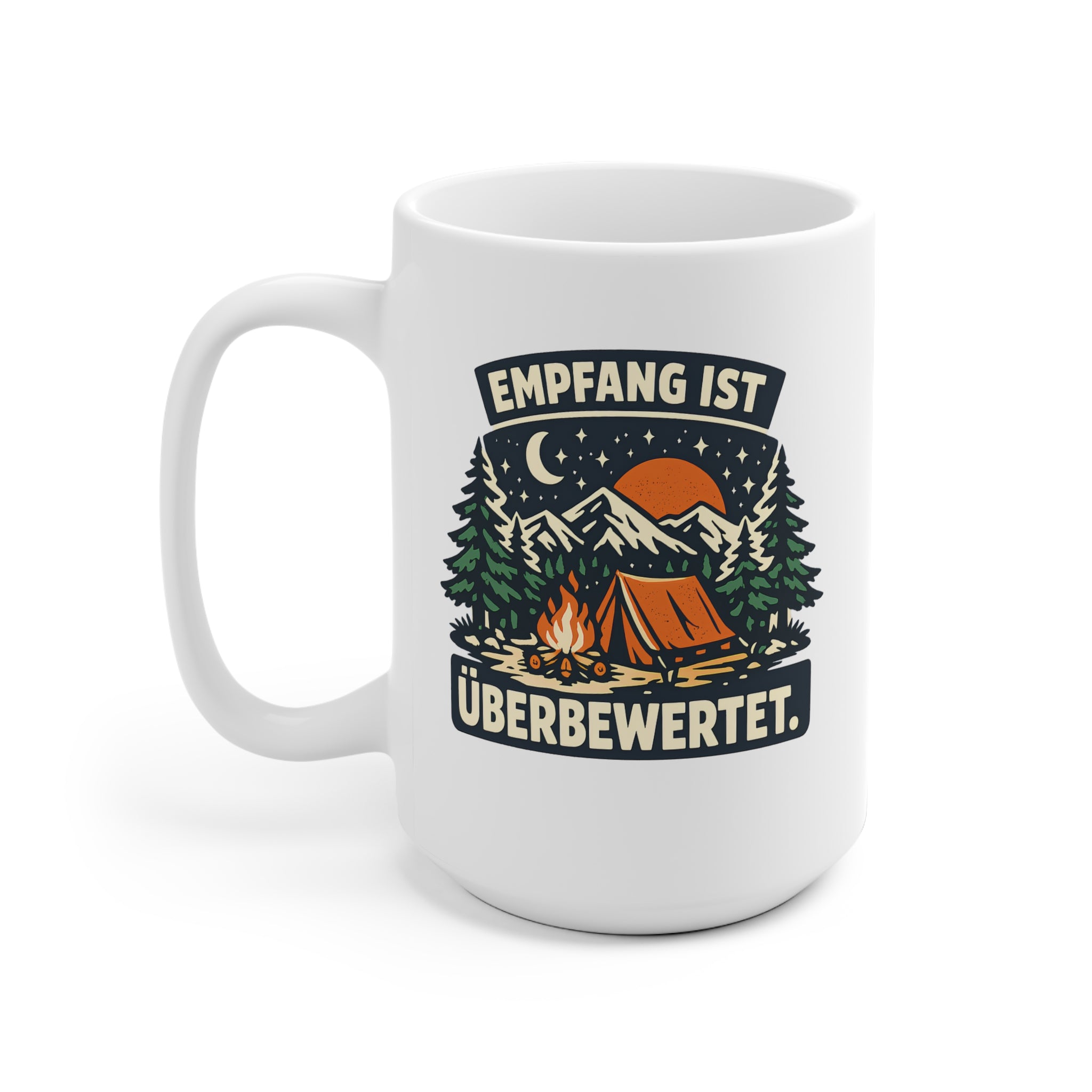 Weiße 15oz Camping-Tasse „Empfang ist überbewertet“ – Vorderansicht, Henkel links